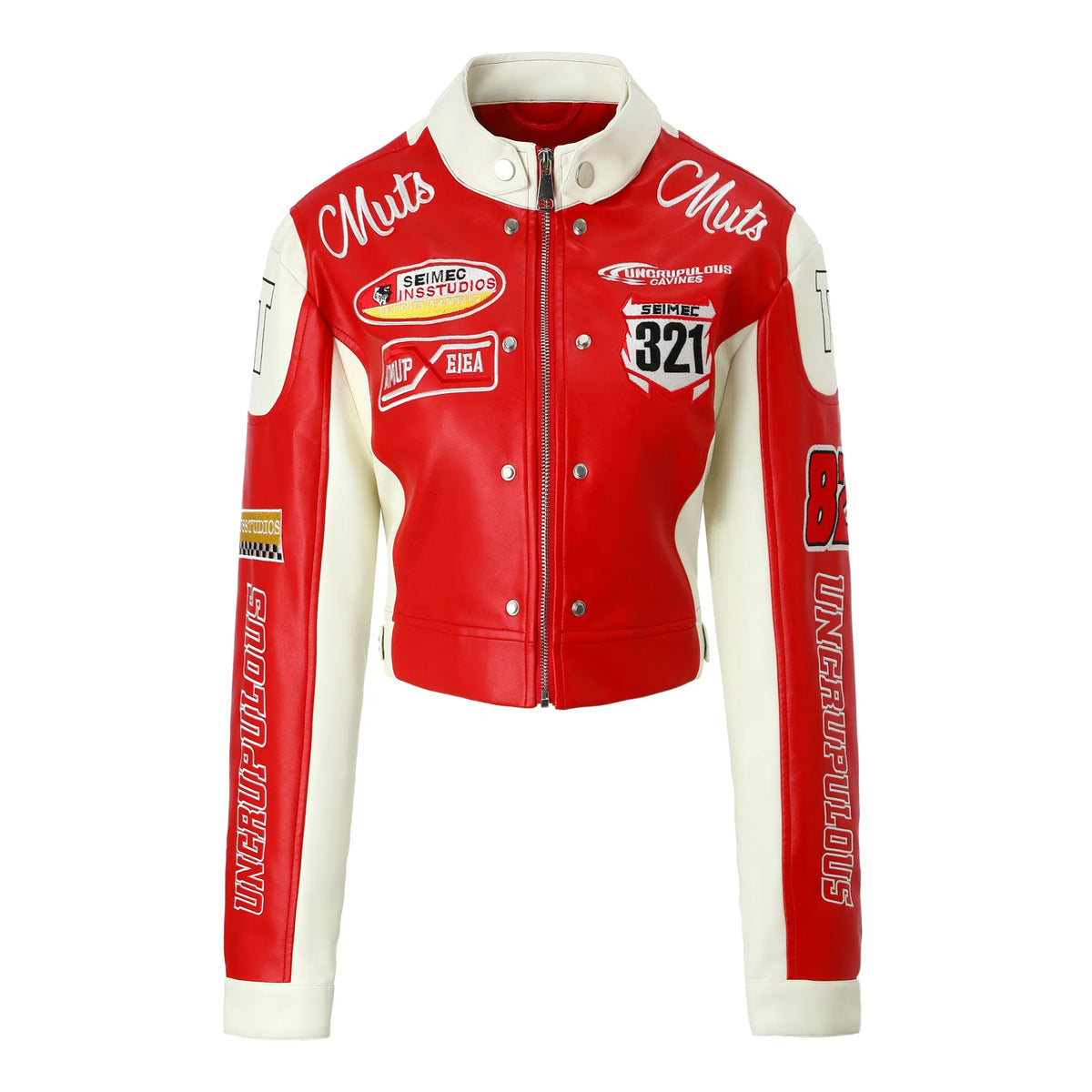 Contrasting Color Embroidered PU Leather Jacket for Women