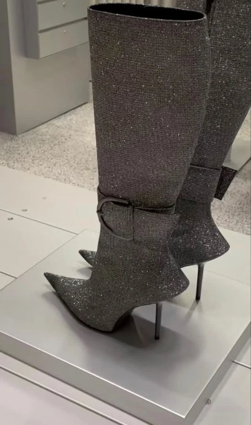 Elegant Grey Pointed Toe Stiletto Knee High Boots Metal Buckle for Women