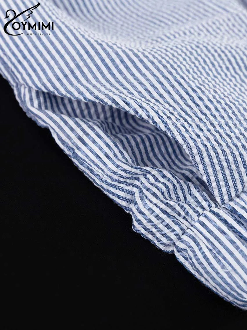 Oymimi Casual Dark Blue Print Women's Two Pieces Set Elegant Long Sleeve Button Shirt And Low Waist Straight Trousers Female Set