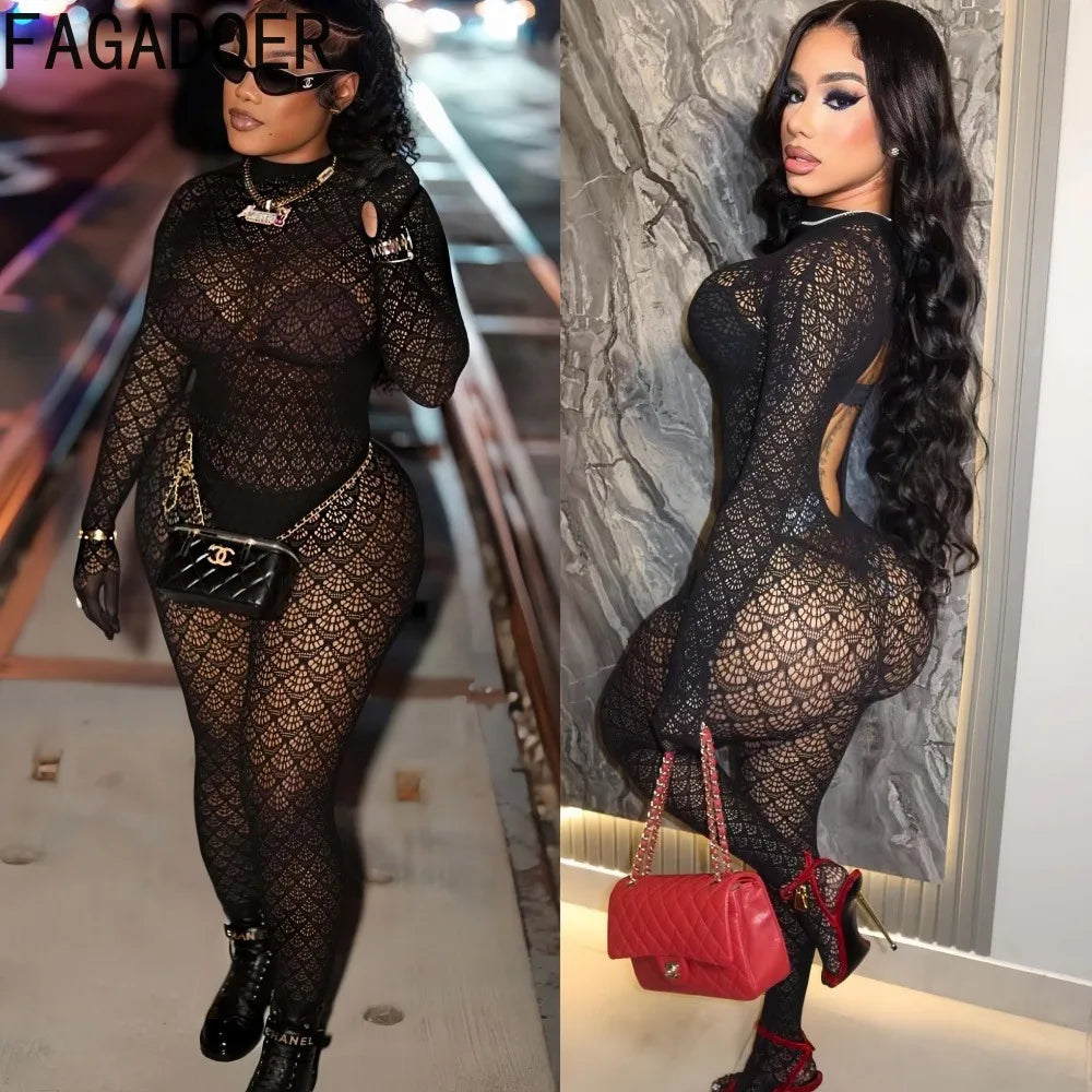 See Through Lace Hollow Out Patchwork Bodycon Jumpsuit for Women
