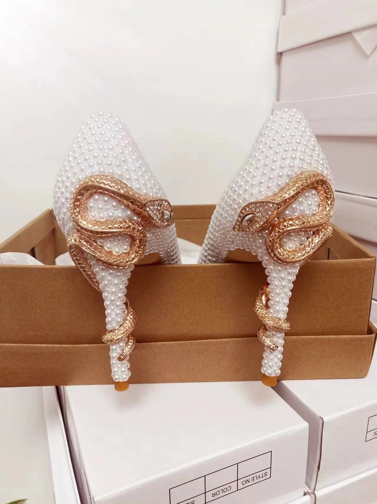 Golden Pearl Embellished Bridal High Heel Pumps For Women