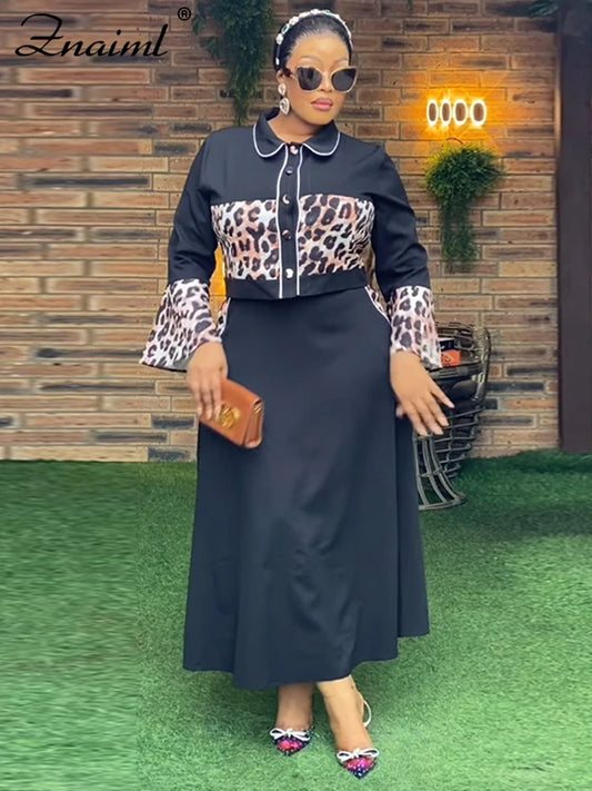 Znaiml Elegant Leopard Patchwork A-line Skirts and Crop Tops Flare Sleeve 2 Piece Sets Woman Birthday Festival Indie Folk Outfit