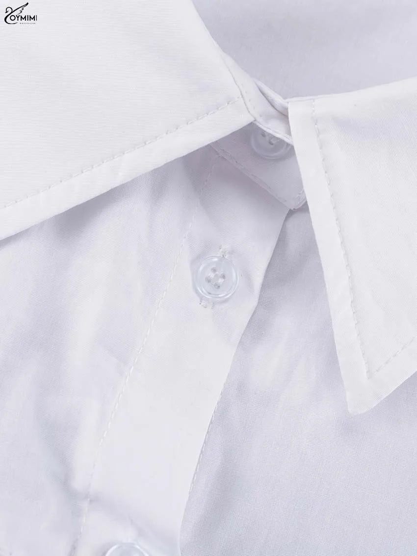 Oymimi Elegant White Lapel Women's Dress Fashion Three Quarter Sleeve Pockets Dresses Casual Button Pleated Ankle-Length Dresses