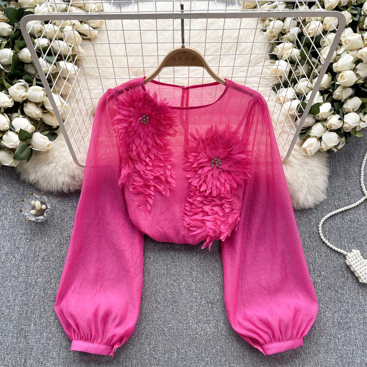 Sheer Floral Bohemian Long Sleeve Satin Blouse for Women