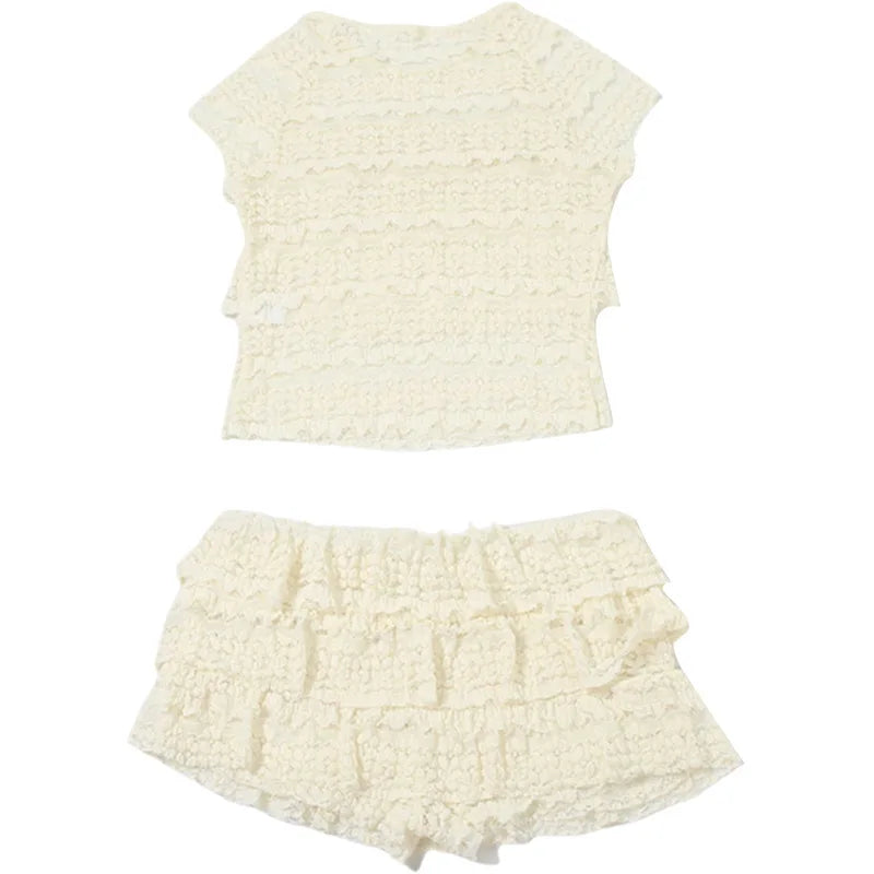 Two Piece Women Crop Top And Mini Skirt Matching Set 2024 New Summer Fashion Sexy White Lace Ruffle Ruched Skirts Outfits