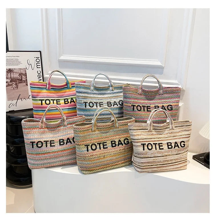 New straw woven bag, large capacity tote bag, crossbody striped letter contrasting beach bag