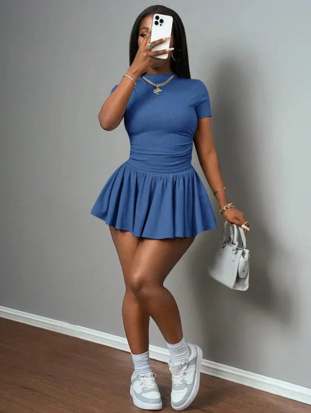 Casual Ribbed Two Piece Set with Crop Top and Pleated Skirt for Women