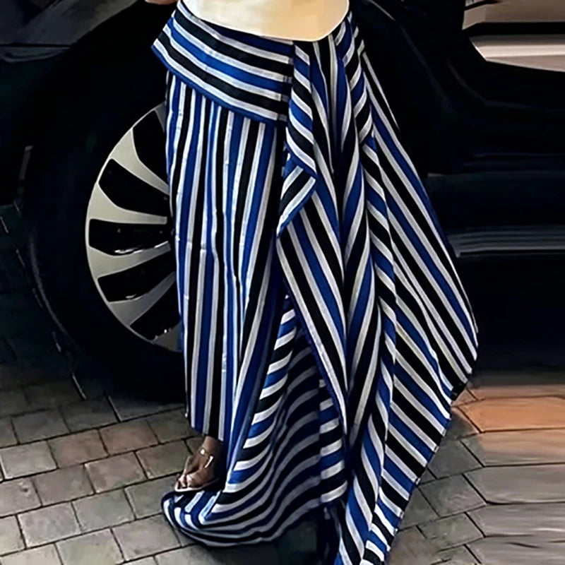 Striped Vacation Halter Backless Top and Half Skirt Set for Women