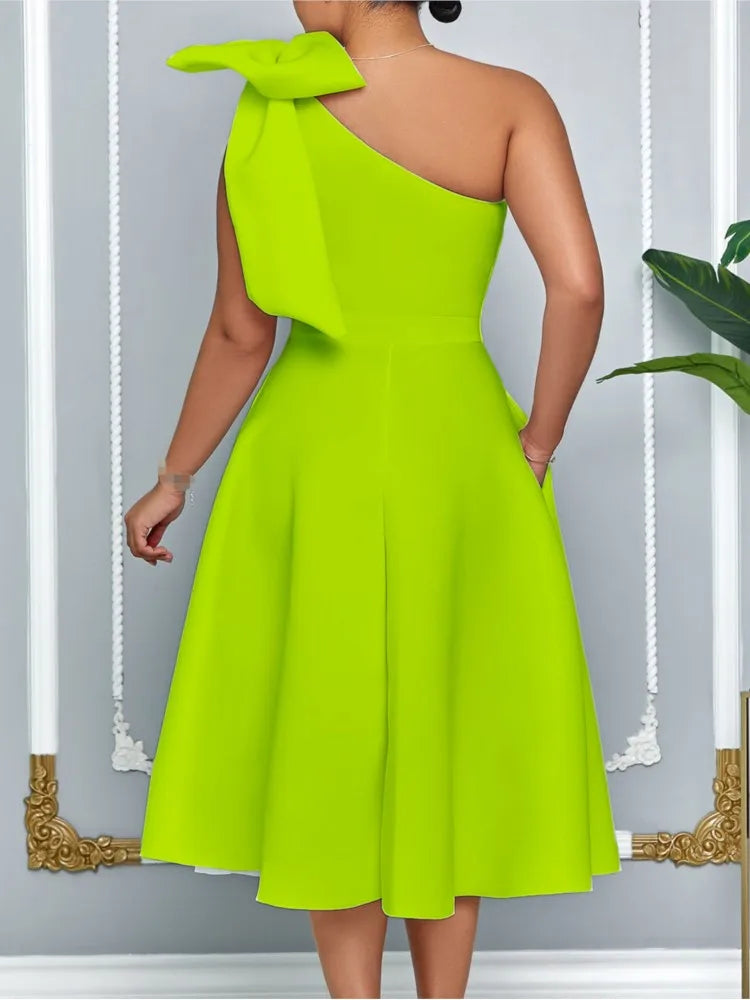 Dress One Shoulder A Line Pleated Knee Length Sleeveless Bow Belt Elegant Party Style