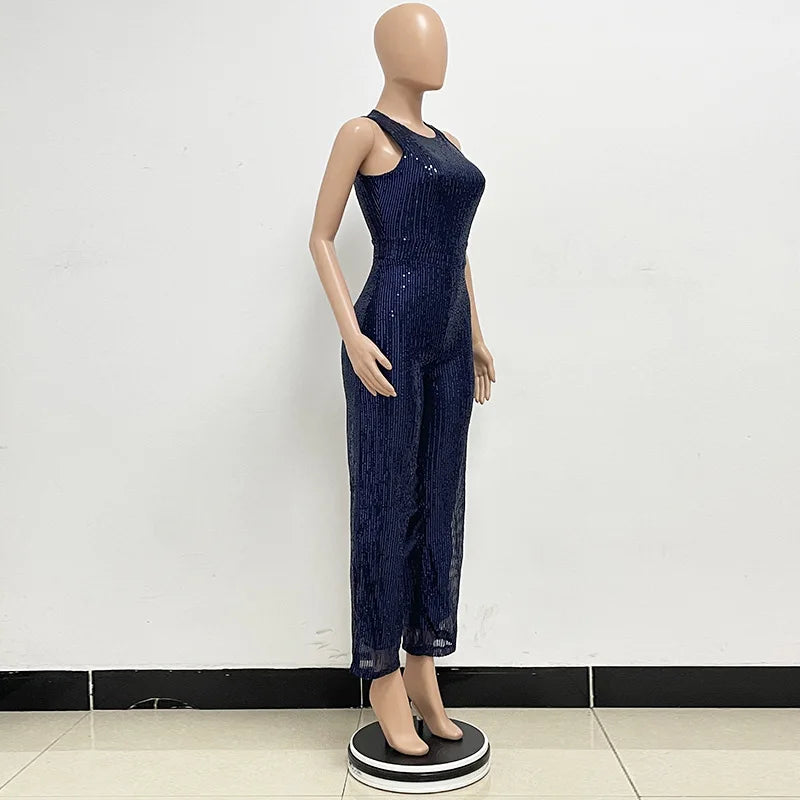Elegant Silver Sequined Straight Cut Jumpsuit for Women