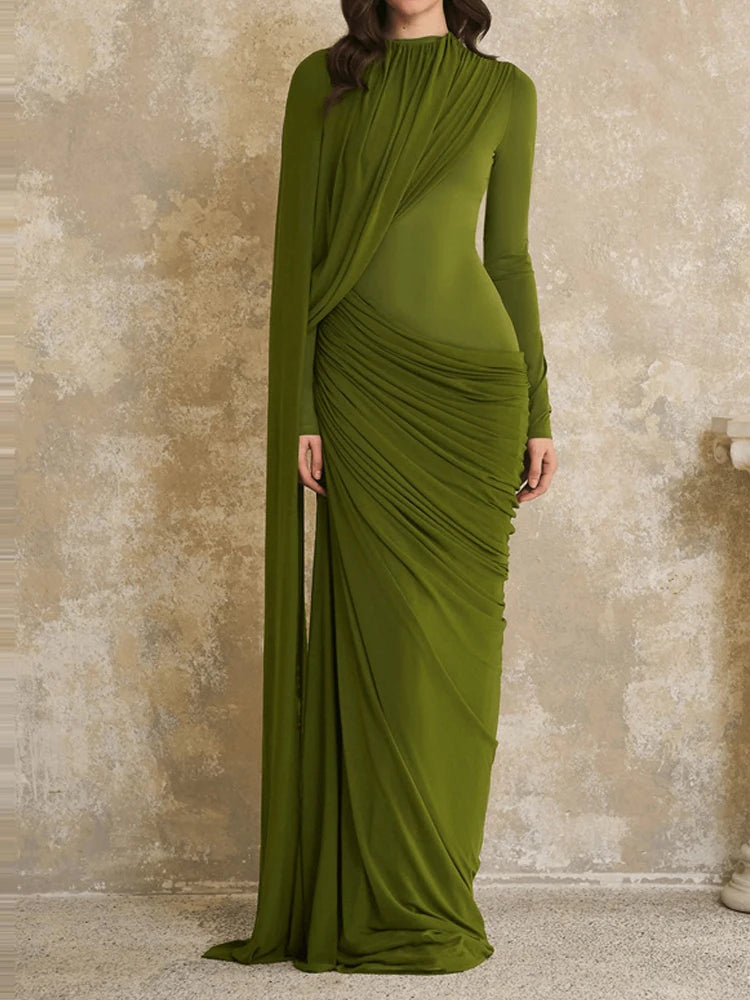Women's Casual Long Sleeve Ribbon Gowns Elegant Round Neck Slim Evening Dress 2026 Fashion Pleated Design Solid Color Long Dress