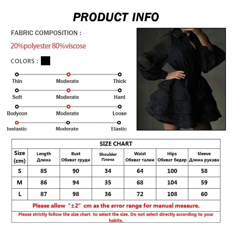 Oymimi Fashion Black Rhinestone Women's Dress Casual Lapel Long Sleeve Button Dresses Elegant New Lace-Up Pleated Mini Dresses