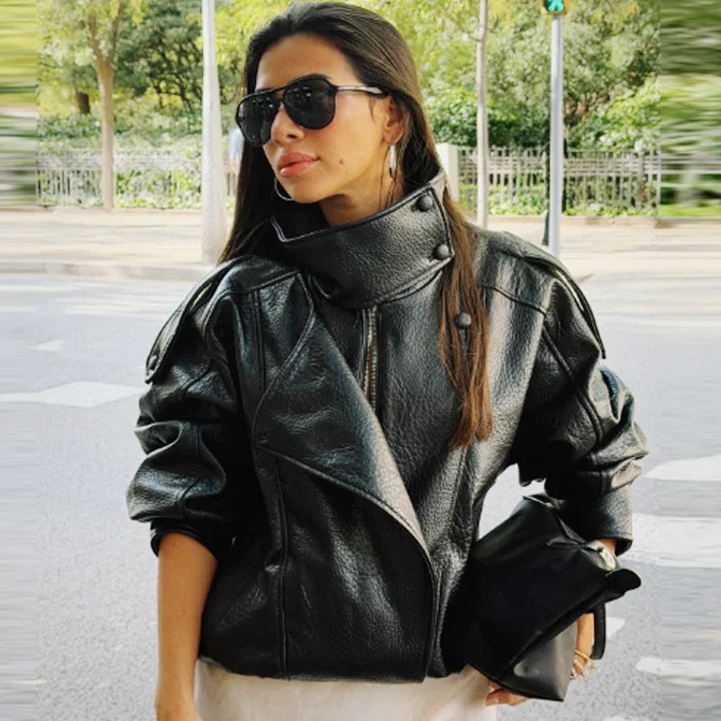 Cropped Oversized Black Leather Bomber Jacket for Women