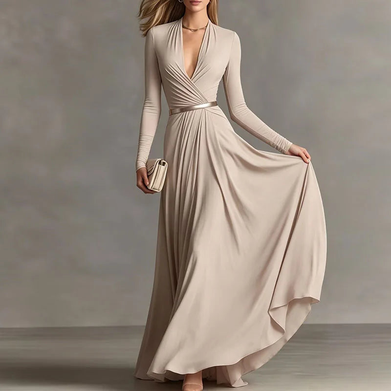 Deep V Neck Ruched Waist Long Sleeve Maxi Dress for Women