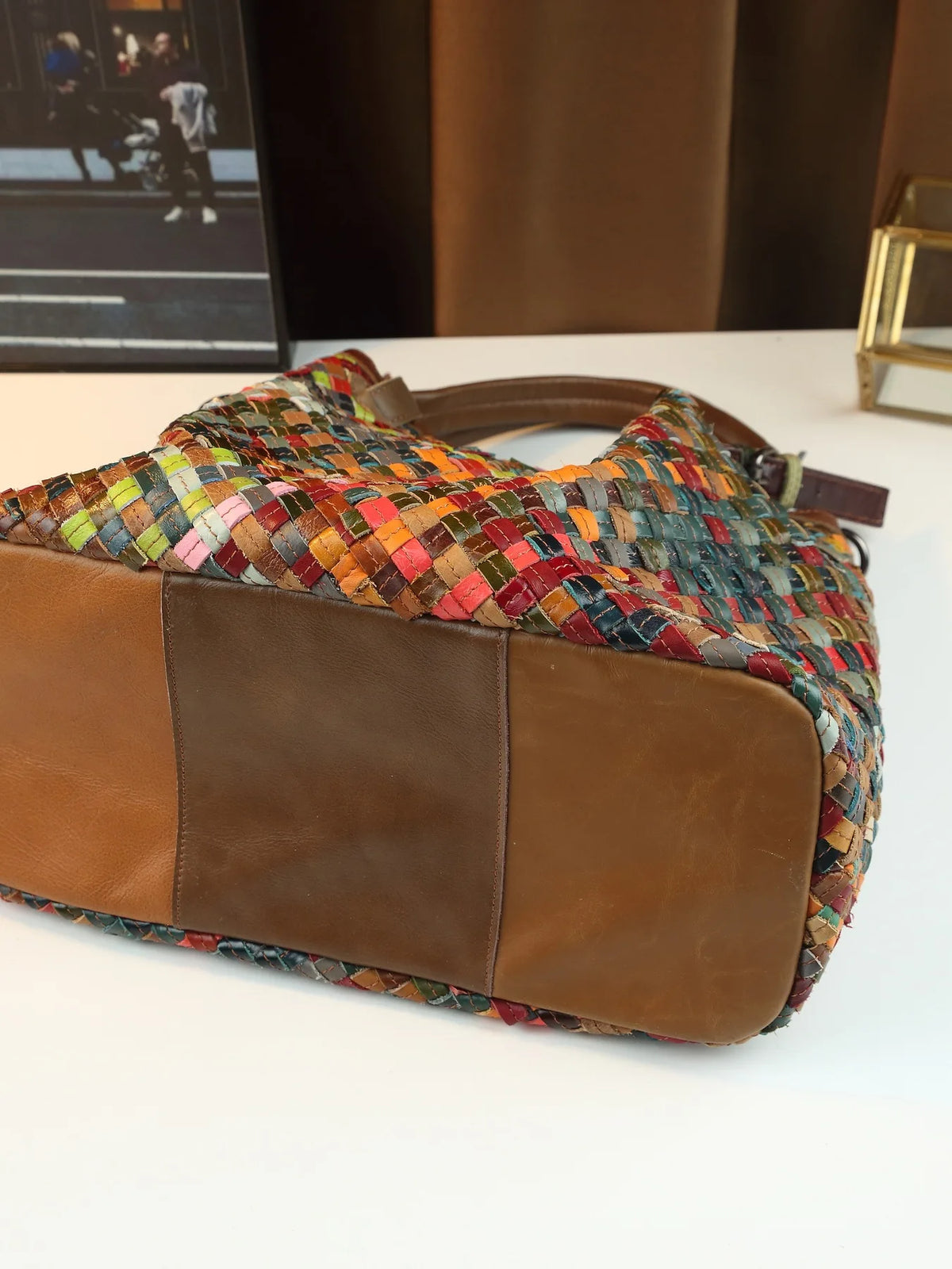 ABQP New Women's Handbag Made of Genuine Leather Hand Woven Women's Single Shoulder Crossbody Bag Color Spliced Women's Bag