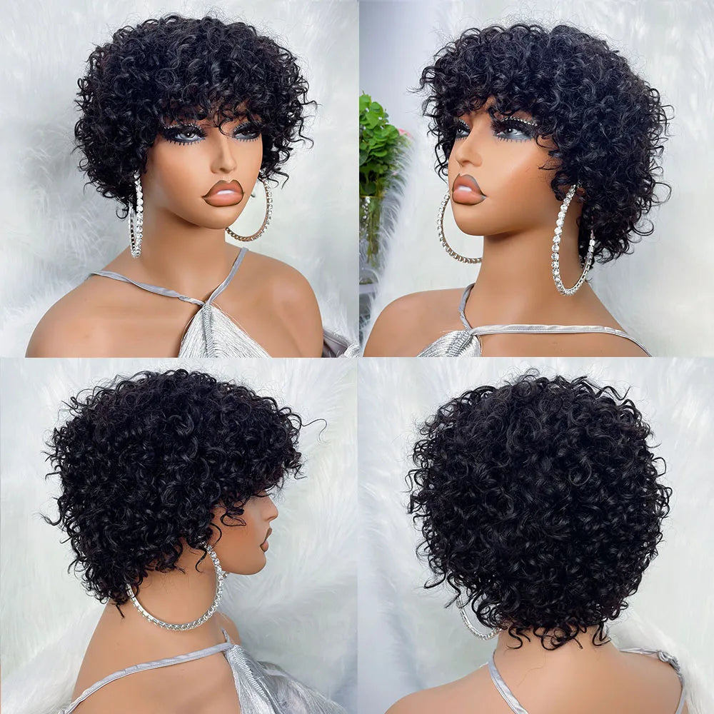 Short Curly Bob Human Hair Wig With Bangs for Women
