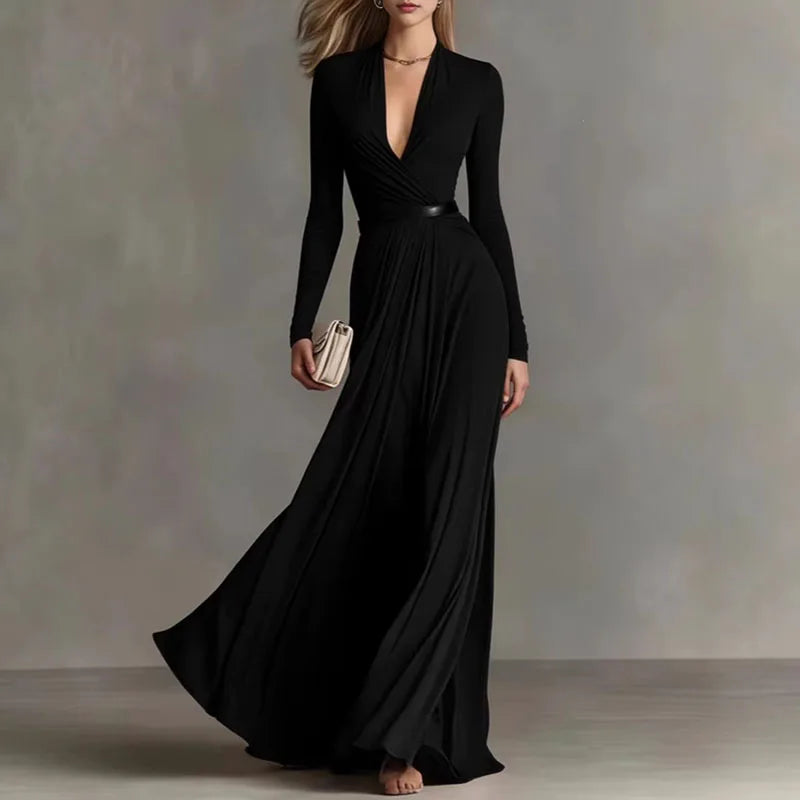 Deep V Neck Ruched Waist Long Sleeve Maxi Dress for Women