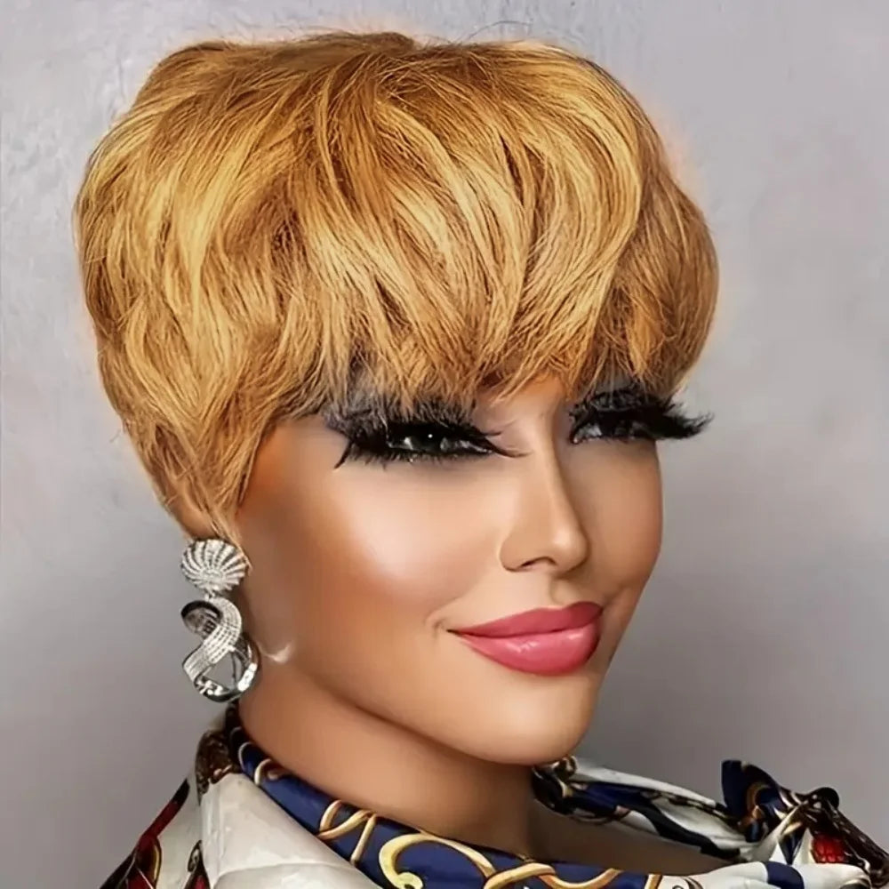 Brazilian Human Hair Wig Pixie Cut with Bangs Full Machine-Made Wig for Black Women Short Hair Wig