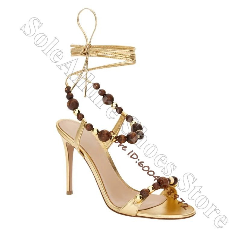 Metallic Gold Open Toe Lace Up Wood Bead Stiletto Sandals for Women
