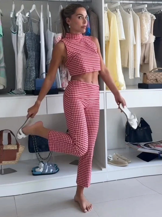 Plaid Casual Vest And Pants Set