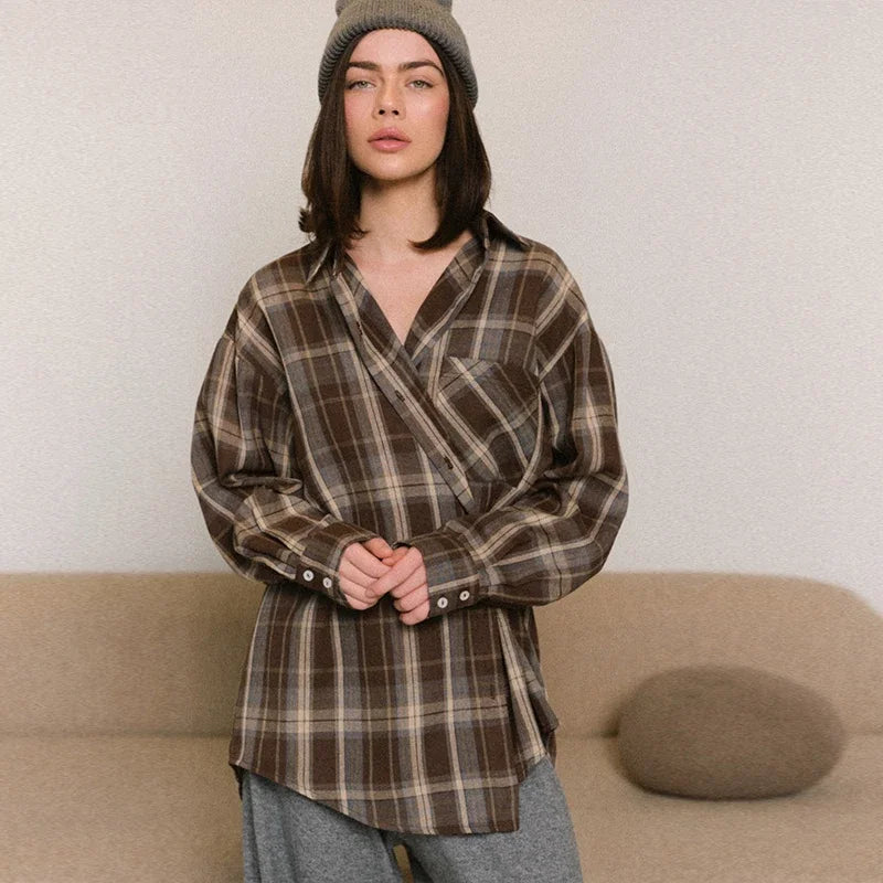 Plaid Loose Long Sleeve Button-Front Shirt for Women