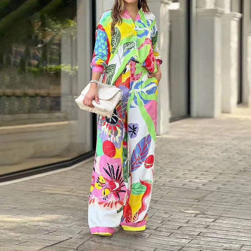 Loose Printed Shirt And Wide Leg Pants Set for Women