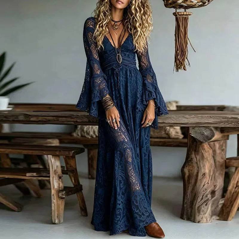 Elegant Deep V Neck Lace Embroidered Maxi Dress for Women