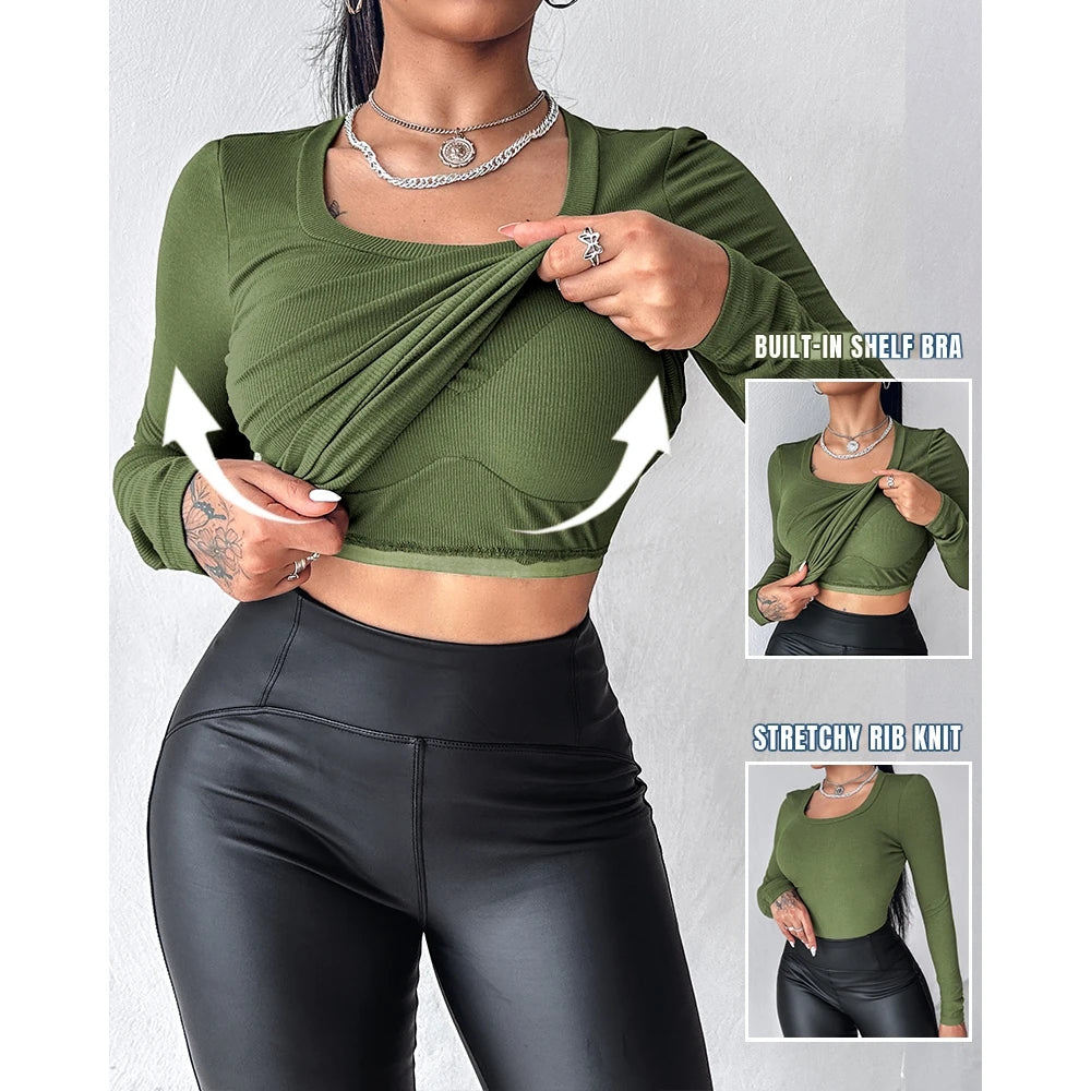 Autumn Spring Women U-Neck Built-in Bra Long Sleeve Ribbed Top Femme Skinny Casual Basic Easy Matching T-Shirts