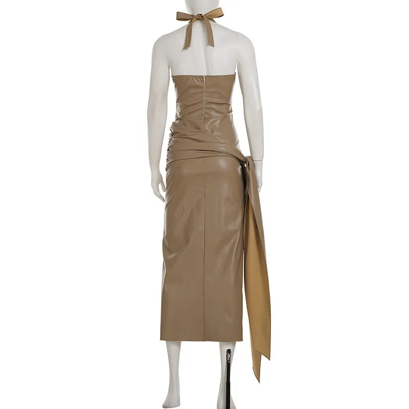 FAGADOER Sexy Ruched Patchwork Bodycon Long Dress Women Halter Deep V-neck Backless Dresses Female Streetwear Vestidos 2025 New