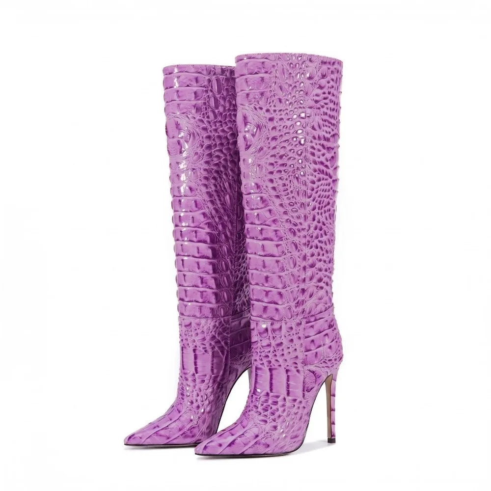 Crocodile Embossed Knee High Stiletto Boots for Women