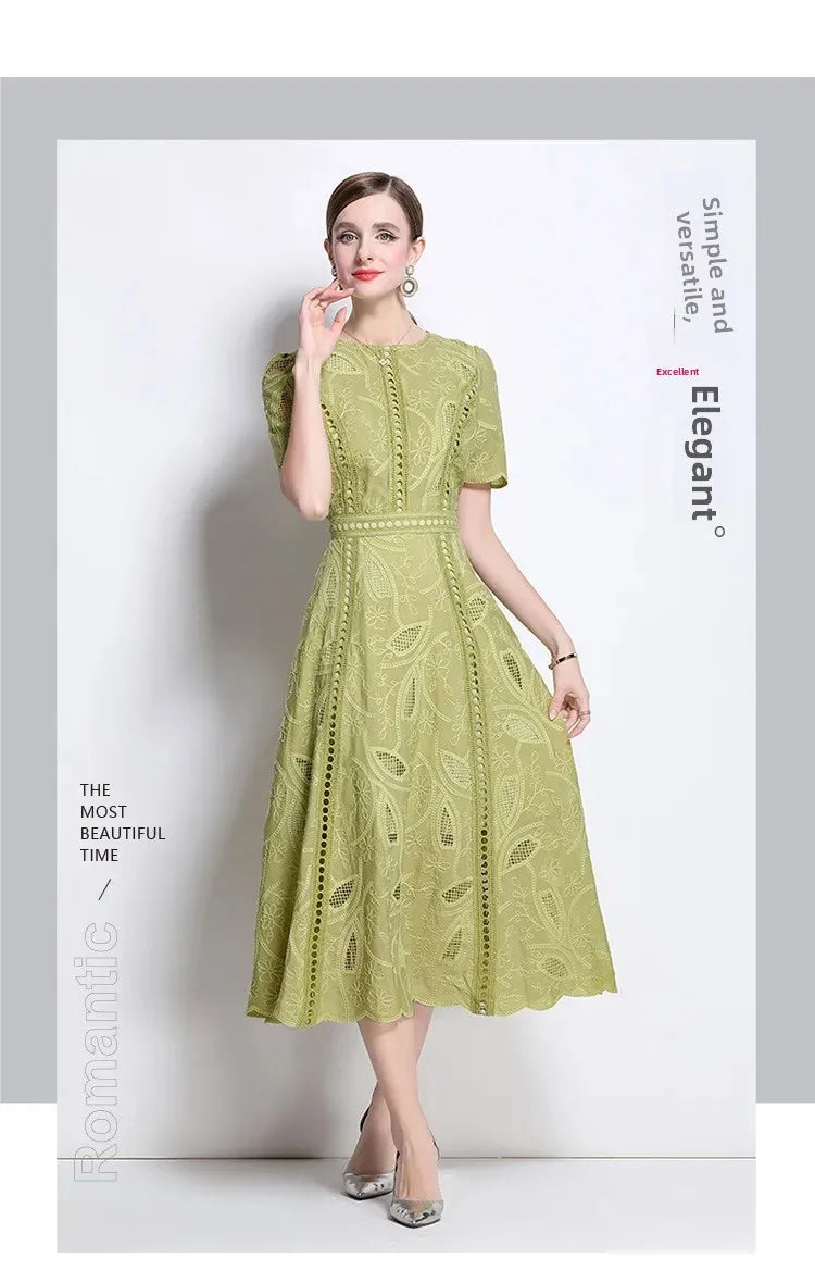 Elegant Lace Sleeve Midi Dress Women's round Neck Gored Skirt Short Sleeve Slimming Summer New Style Vintage High-End Feeling