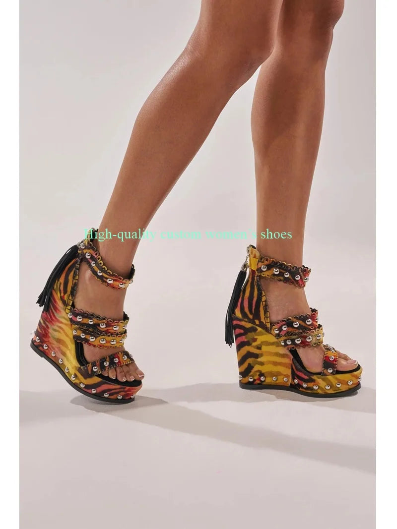 Rivet Detail Leopard Print Platform Sandals For Women