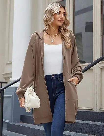Solid Color Long Sleeve Zippered Hoodies For Women