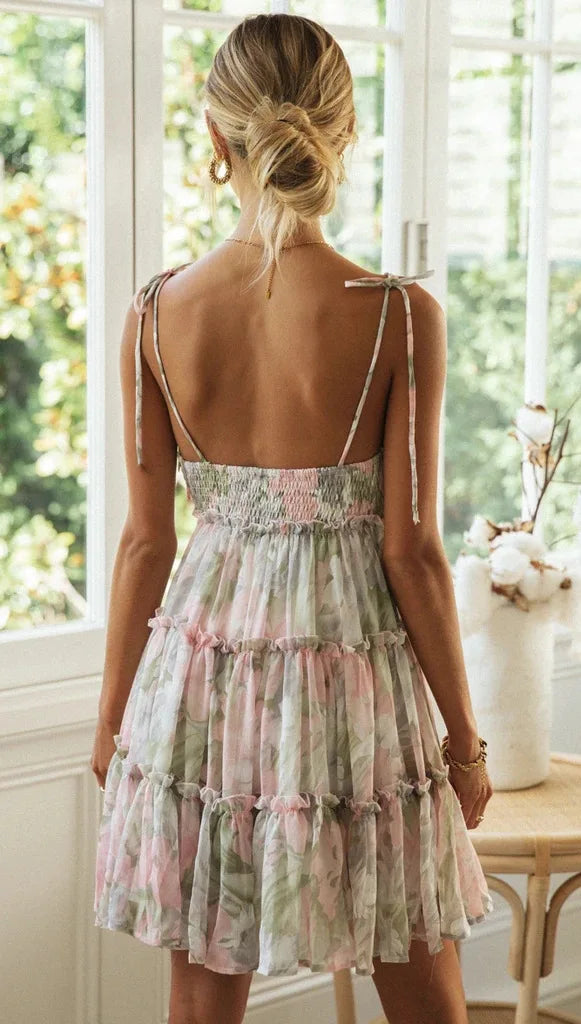 Vintage Print Chiffon Backless Summer Midi Dress For Women