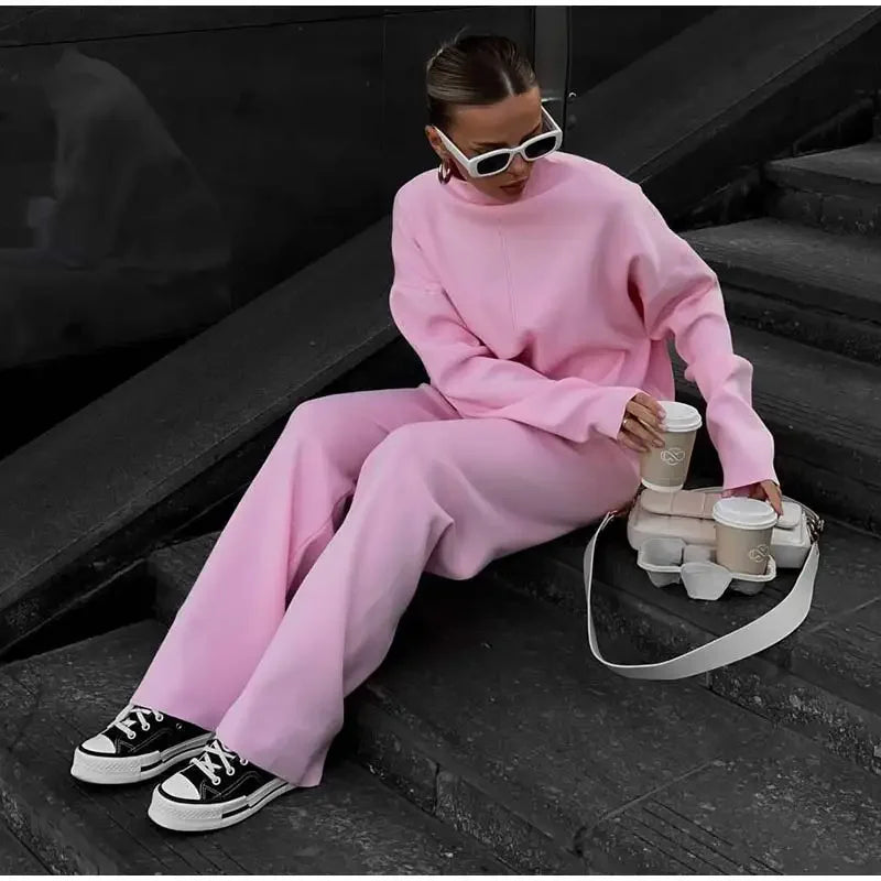 Solid Turtleneck Sweatshirt Set With Wide Leg Pants for Women