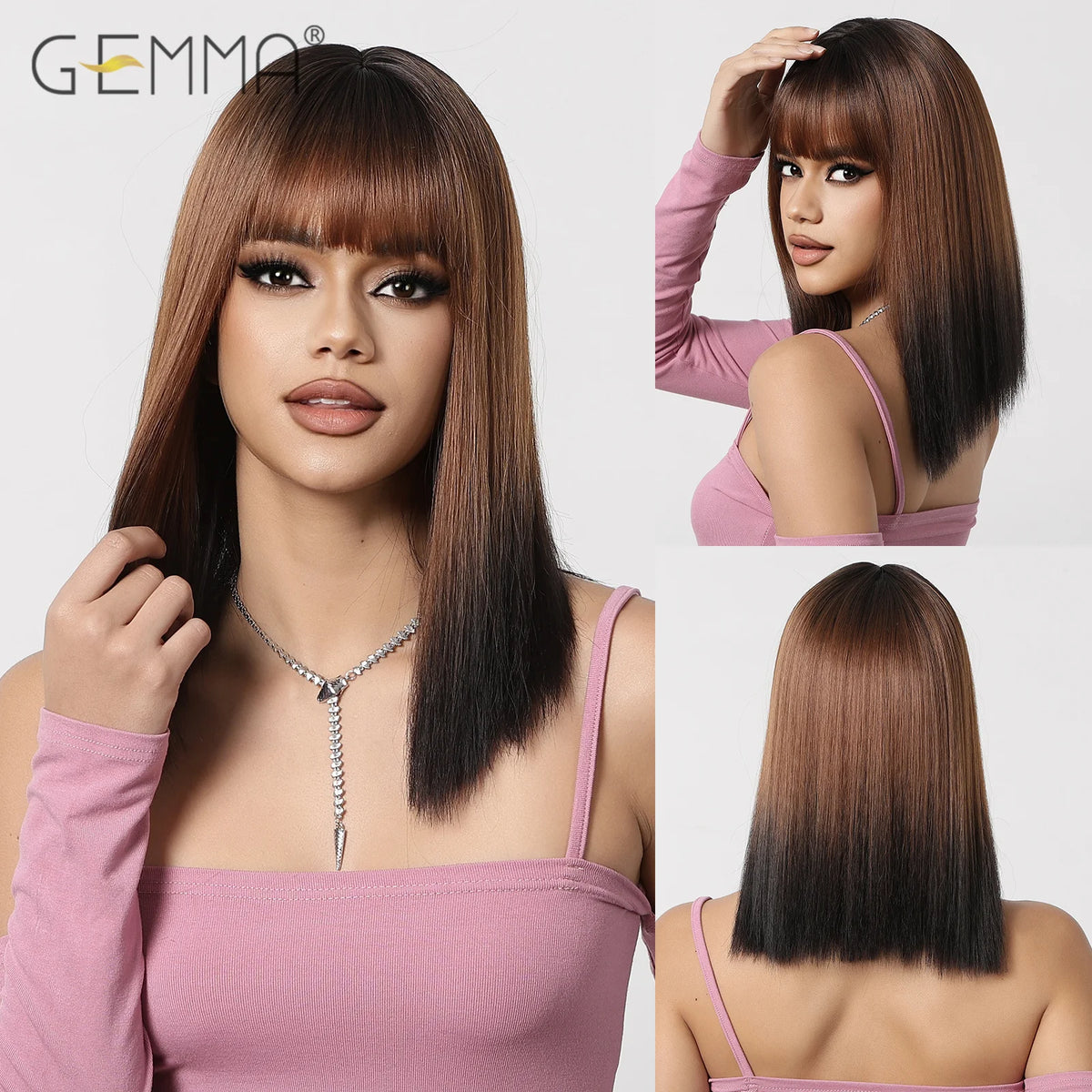 Shoulder Length Synthetic Ombre Pink Bob Wig For Women