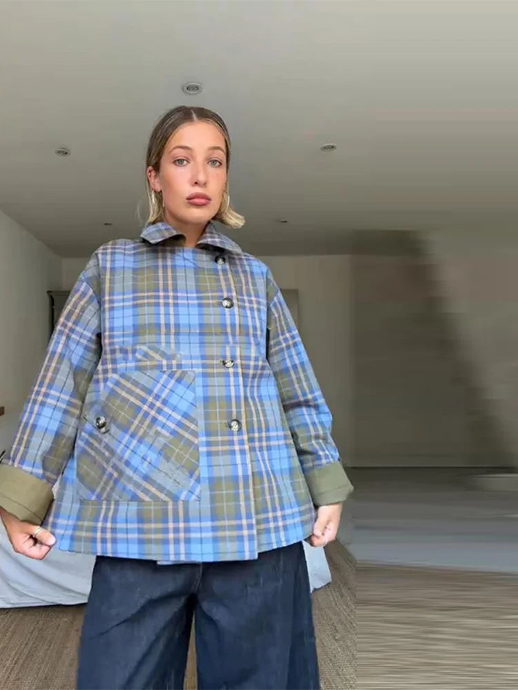 Plaid Reversible Jacket with Lapel Bow and Pockets for Women