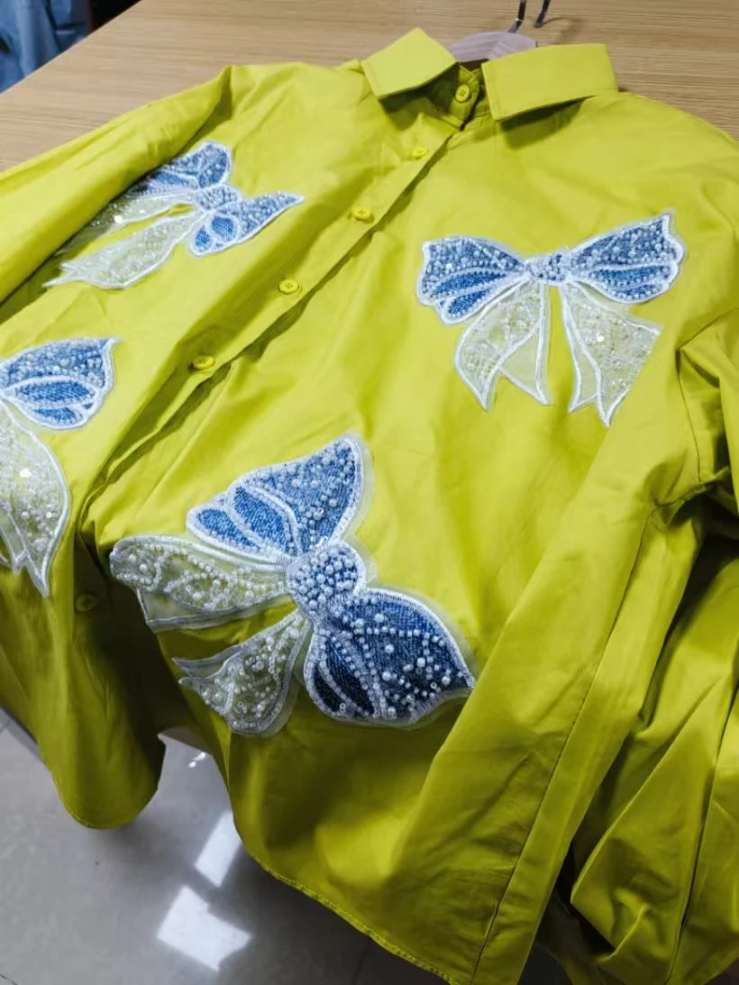 Luxury Diamonds Sequins Pearls Cotton Blouses Shirts for Women 2025 Autumn Trend Shirt Long Sleeve Tops Camisas De Mujer