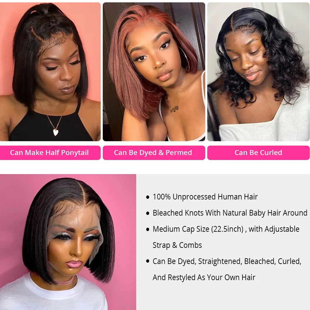HD Straight Brazilian Human Hair Bob Lace Front Wig for Women
