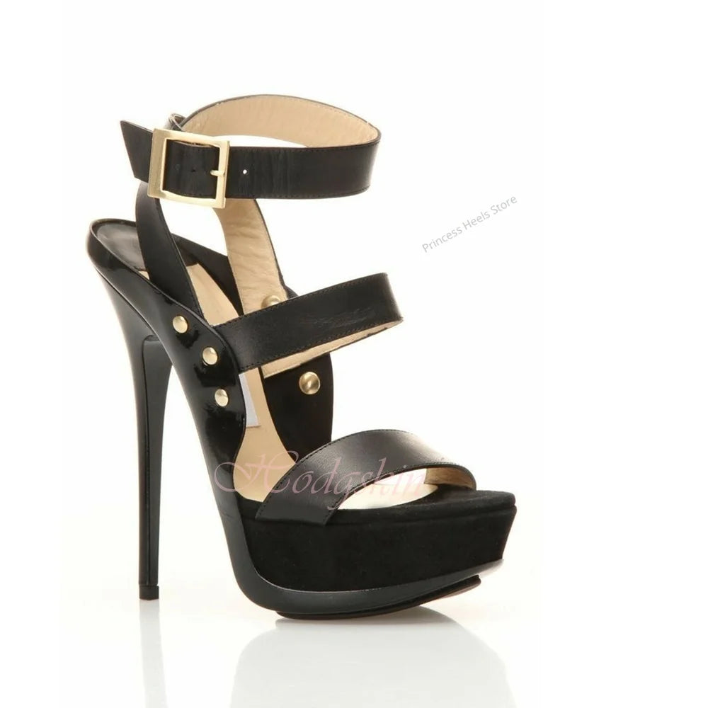 Mixed Color Straps Platform Buckle Sandals with Thin Heels for Women