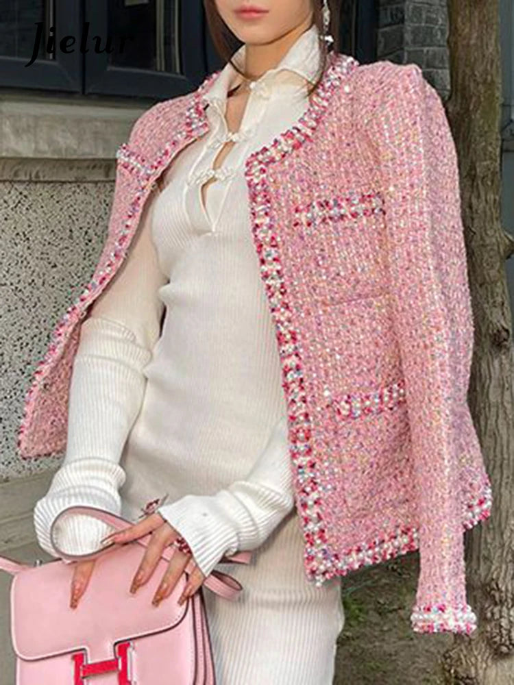 Elegant Pink Long Sleeve Jacket With Pockets for Women