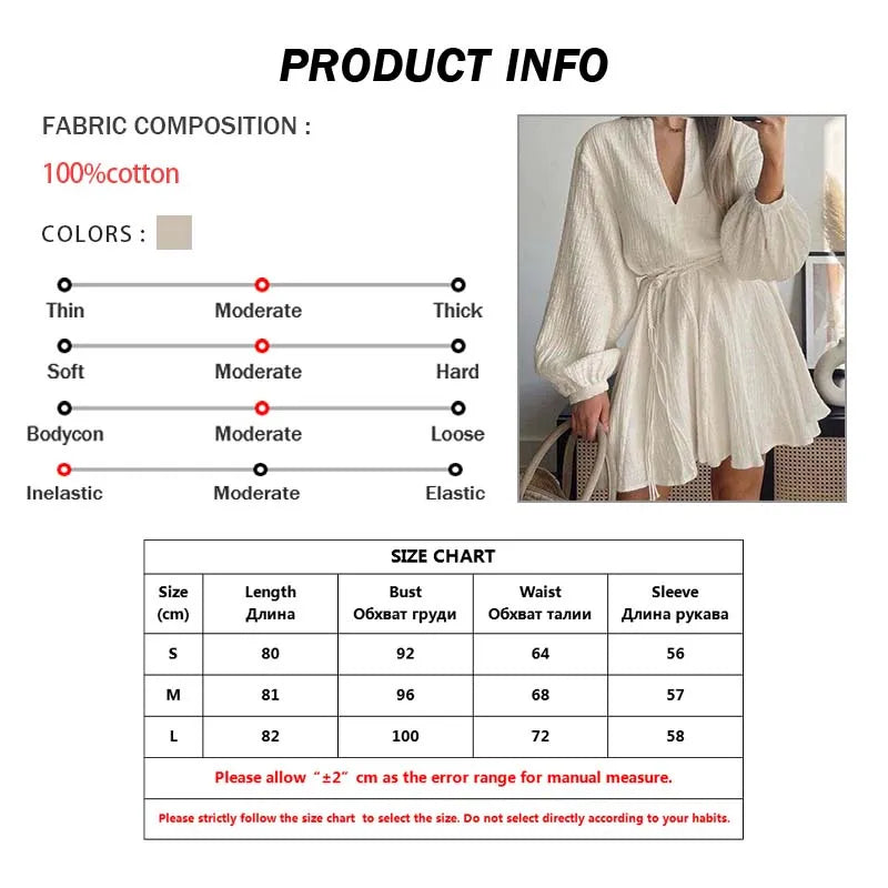 Oymimi Elegant Beige Cotton Womens Dresses Fashion V-Neck Long Sleeve Lace-Up Dresses Casual Loose Pleated Mini Dress Streetwear