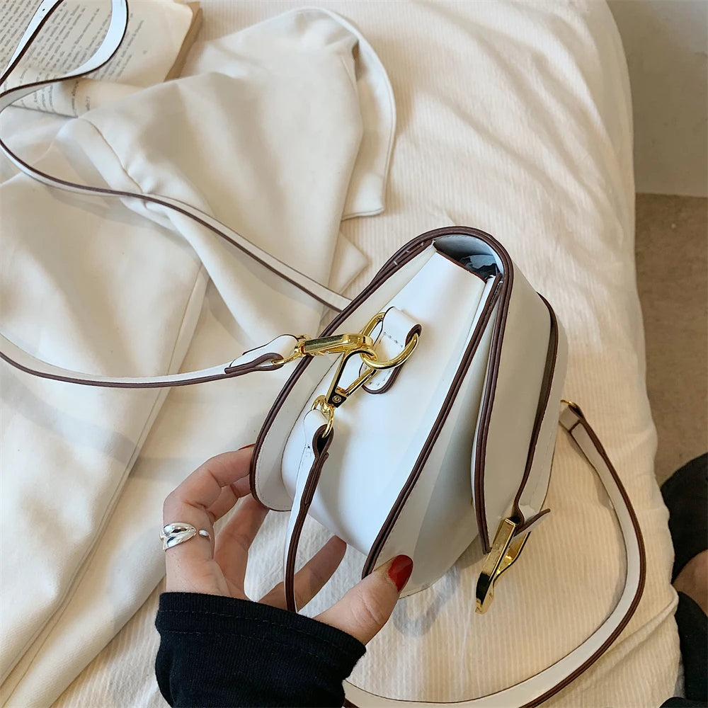 Solid Color Leather With Golden Hardware Saddle Shoulder Bag for Women