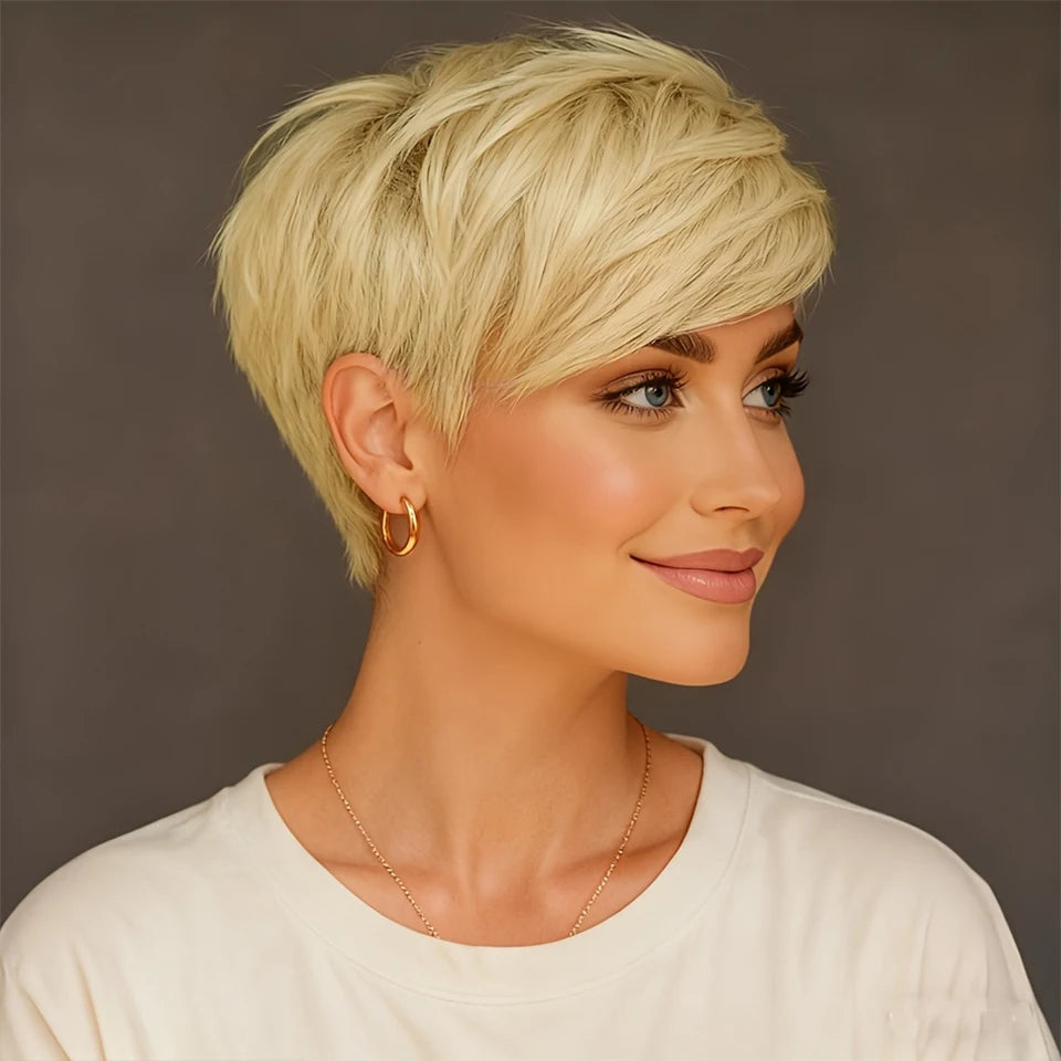 Short Blonde Layered Bob Pixie Human Hair Wig for Women