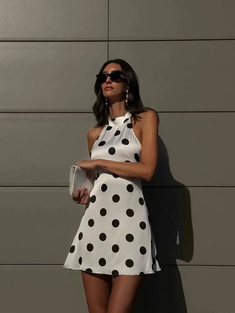 Polka Dot Halter Neck Backless Mini Dress for Women