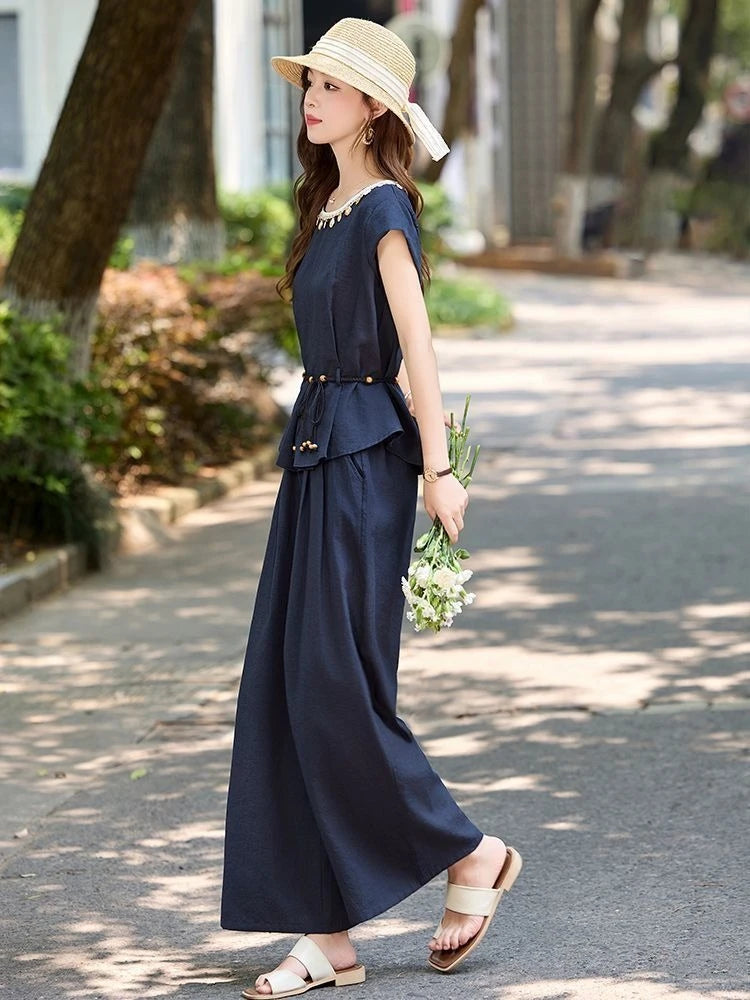 Women's Summer Wide Leg Pants Set 2026 New Arrival Elegant High End 2 Piece Outfit for Casual Chic Look Trending Fashion