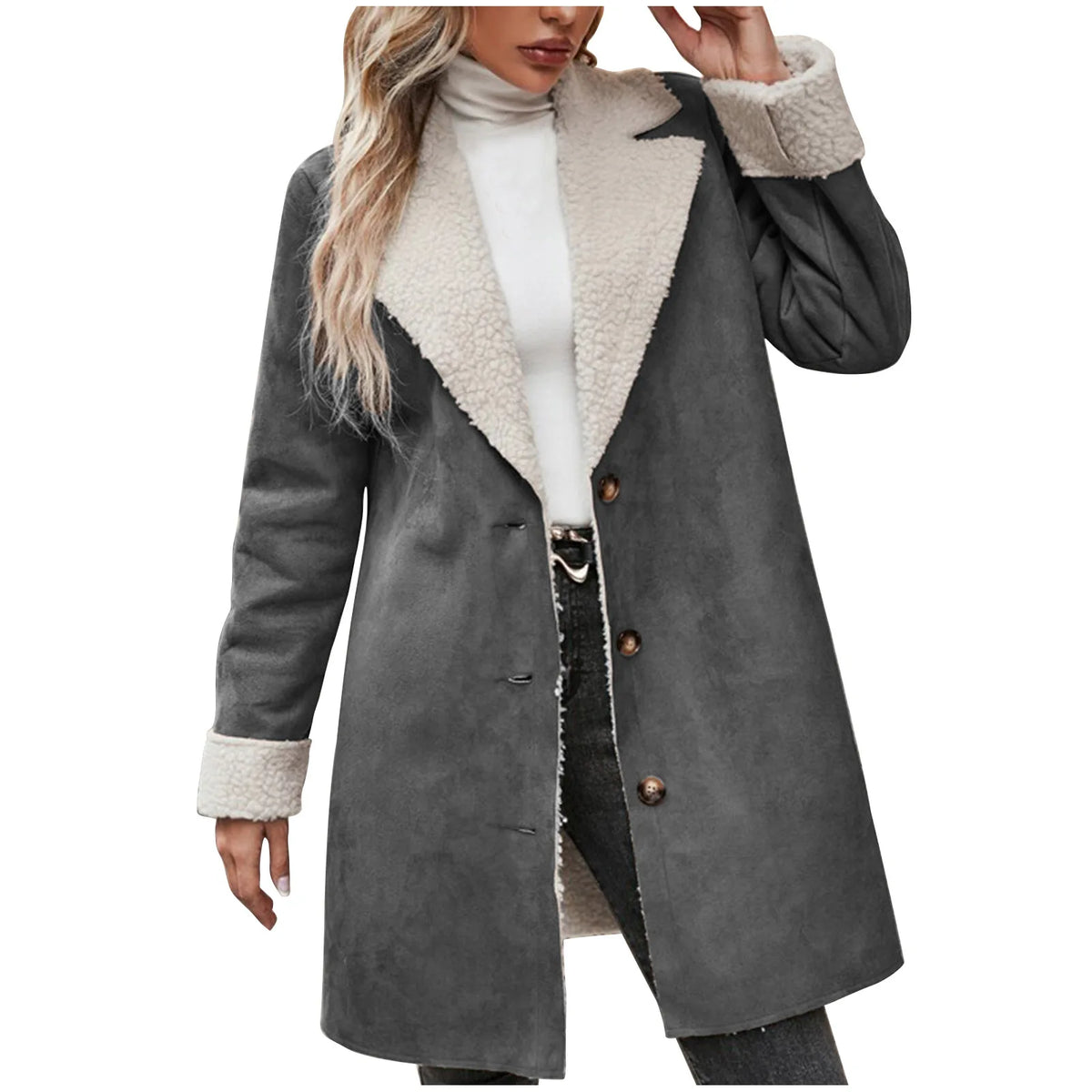 Warm Fleece Lined Suede Coat With Notch Lapel for Women