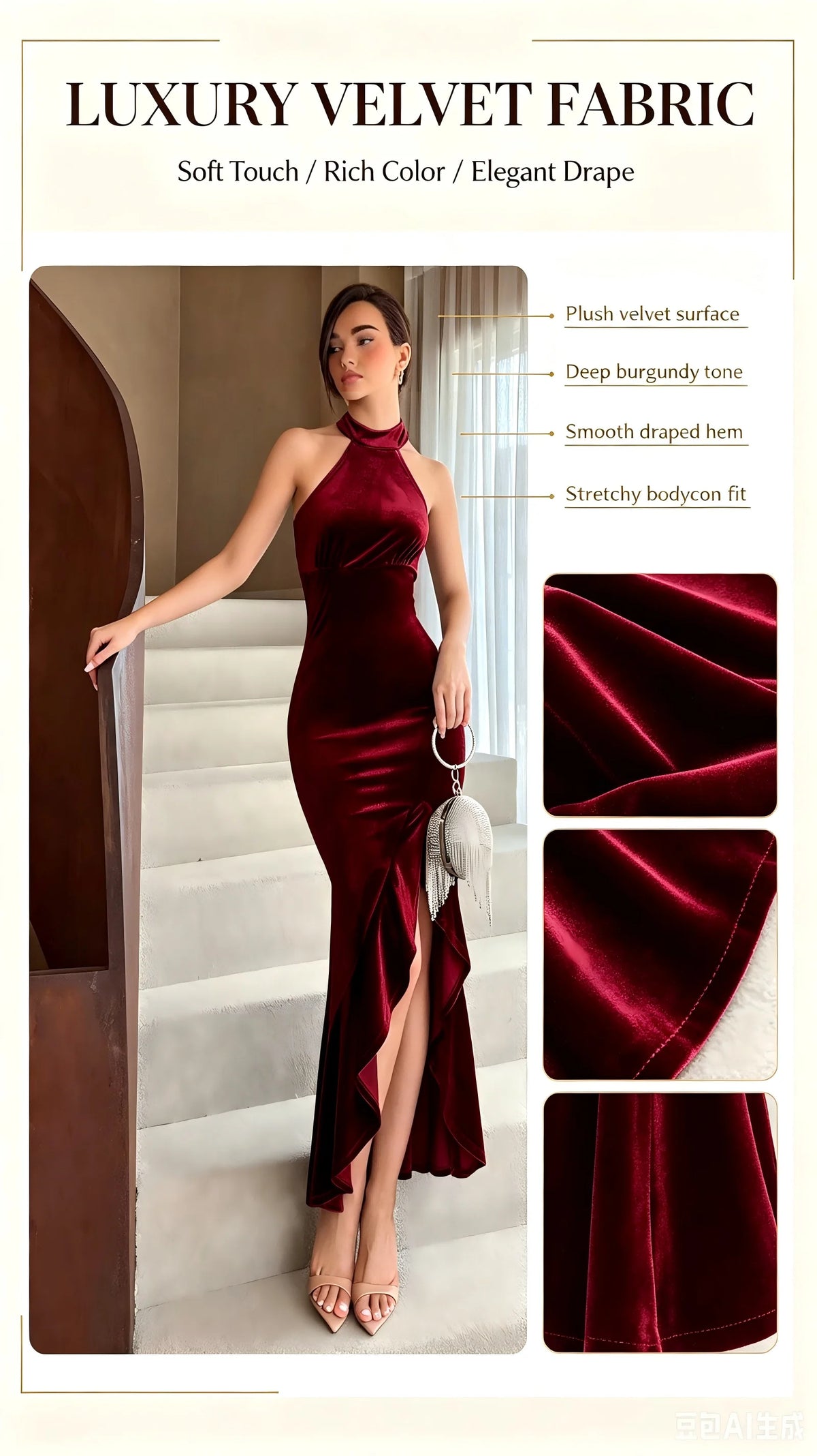 Burgundy Velvet Halter Neck Mermaid Evening Gown for Women