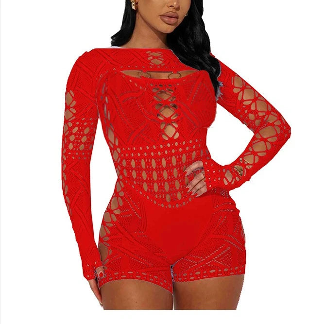Hollow Out Patchwork Lace See Through Long Sleeve Jumpsuit for Women