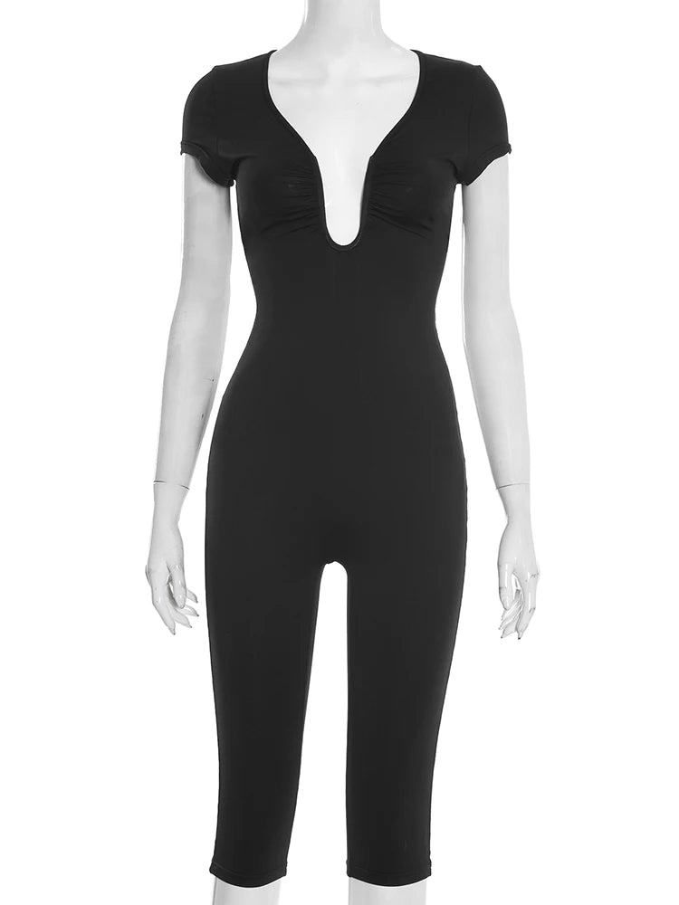 Patchwork Irregular Low-Neck Short Sleeve Stretch Playsuit for Women
